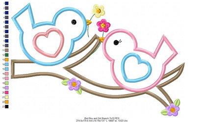 Bird Boy and Girl on a Branch - Applique - Machine Embroidery Design