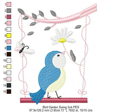 Little Bird on Garden Swing - Fill Stitch