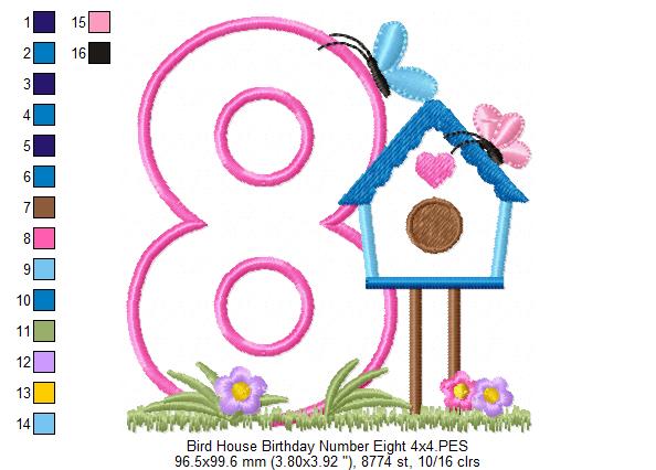 Bird House Number 8 Eight 8th Birthday - Applique