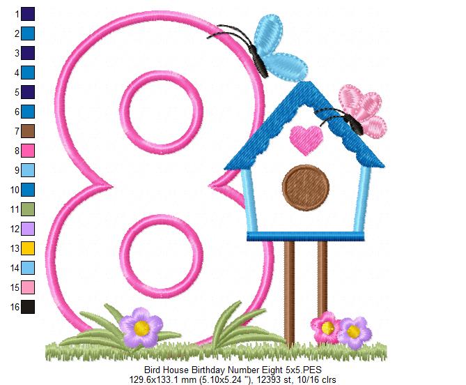 Bird House Number 8 Eight 8th Birthday - Applique