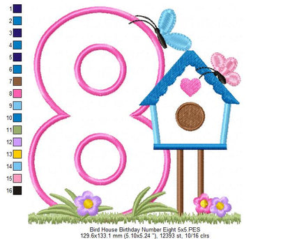 Bird House Number 8 Eight 8th Birthday - Applique