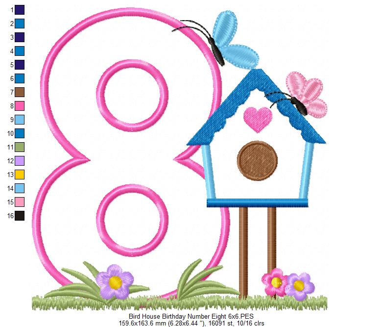 Bird House Number 8 Eight 8th Birthday - Applique