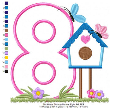 Bird House Number 8 Eight 8th Birthday - Applique