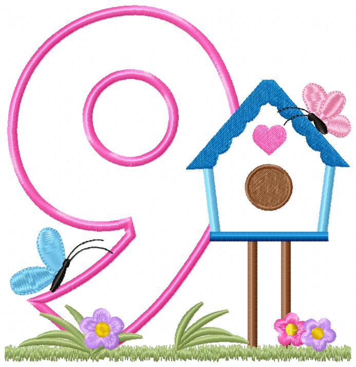 Bird House Number 9 Nine 9th Birthday - Applique