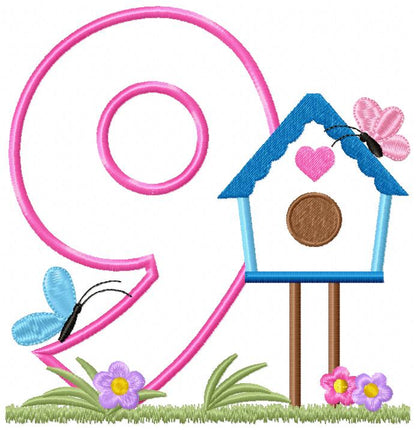 Bird House Number 9 Nine 9th Birthday - Applique