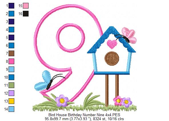 Bird House Number 9 Nine 9th Birthday - Applique