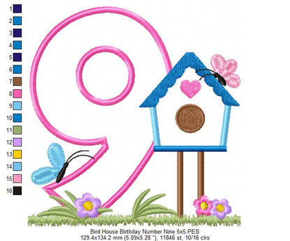 Bird House Number 9 Nine 9th Birthday - Applique