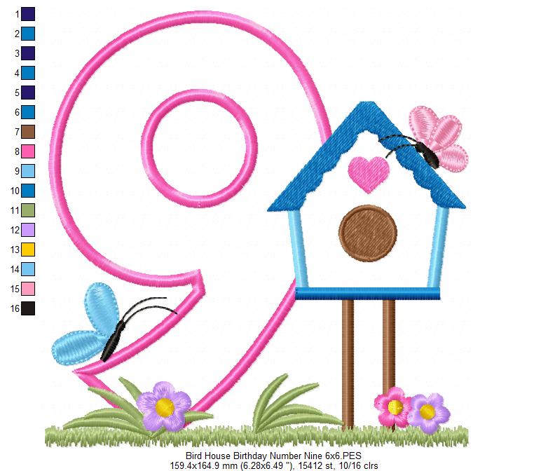 Bird House Number 9 Nine 9th Birthday - Applique