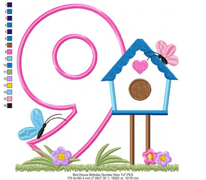 Bird House Number 9 Nine 9th Birthday - Applique