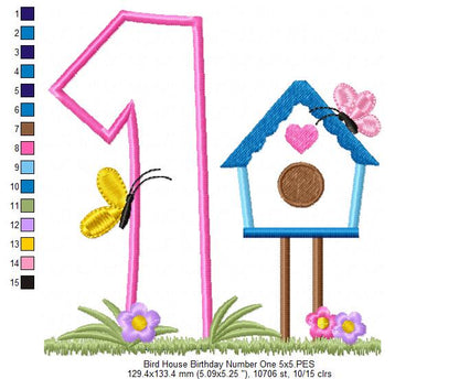Bird House Number 1 One 1st Birthday - Applique