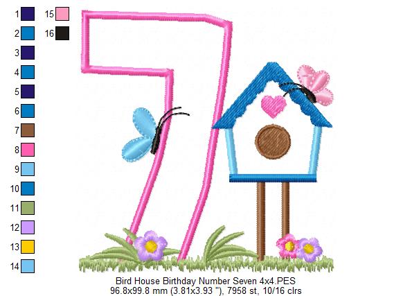 Bird House Number 7 Seven 7th Birthday - Applique