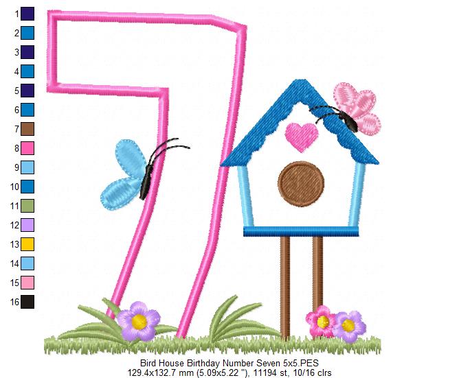 Bird House Number 7 Seven 7th Birthday - Applique