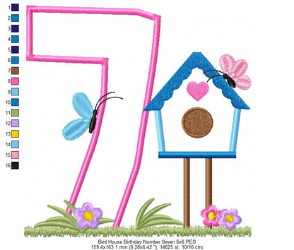 Bird House Number 7 Seven 7th Birthday - Applique