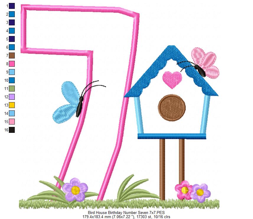 Bird House Number 7 Seven 7th Birthday - Applique