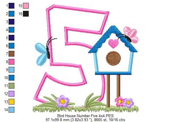 Bird House Number 5 Five 5th Birthday - Applique