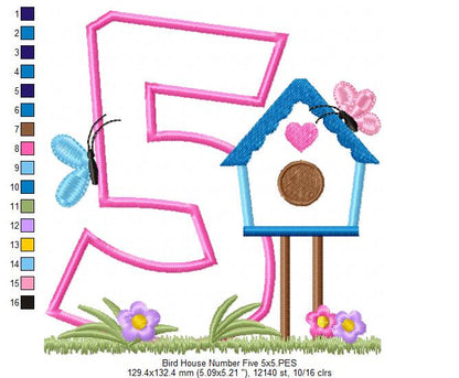 Bird House Number 5 Five 5th Birthday - Applique