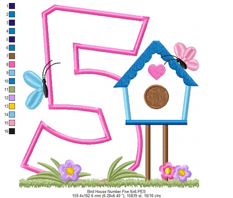 Bird House Number 5 Five 5th Birthday - Applique
