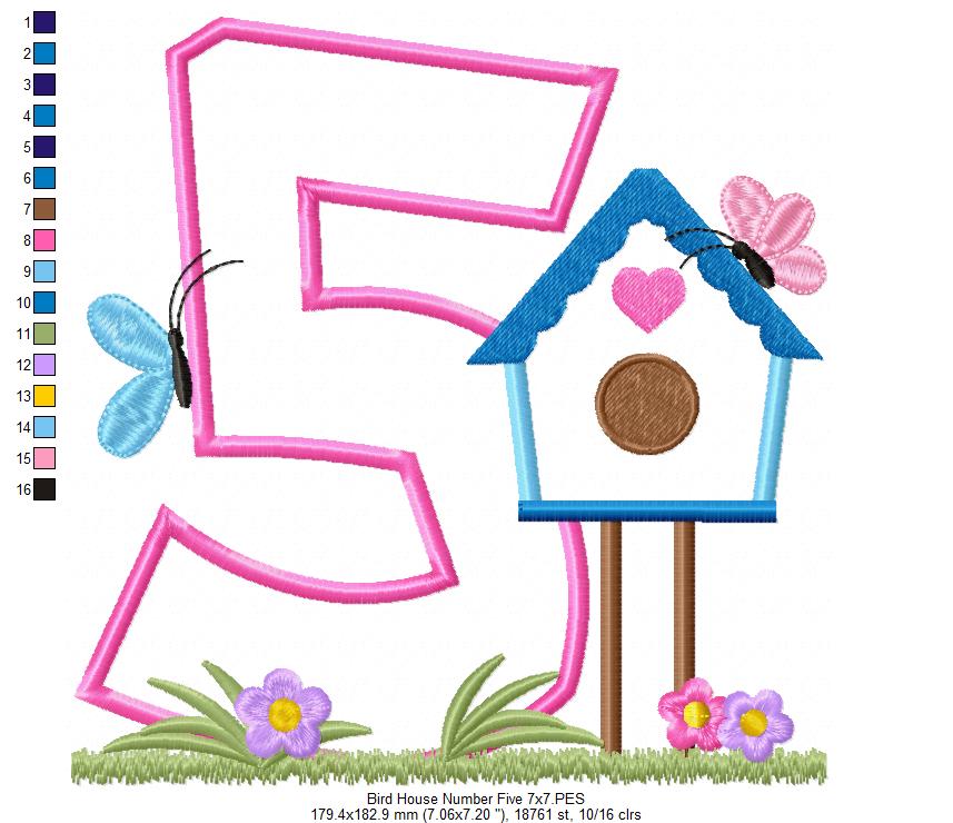 Bird House Number 5 Five 5th Birthday - Applique