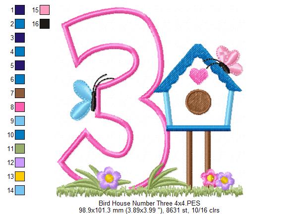 Bird House Number 3 Three 3rd Birthday - Applique