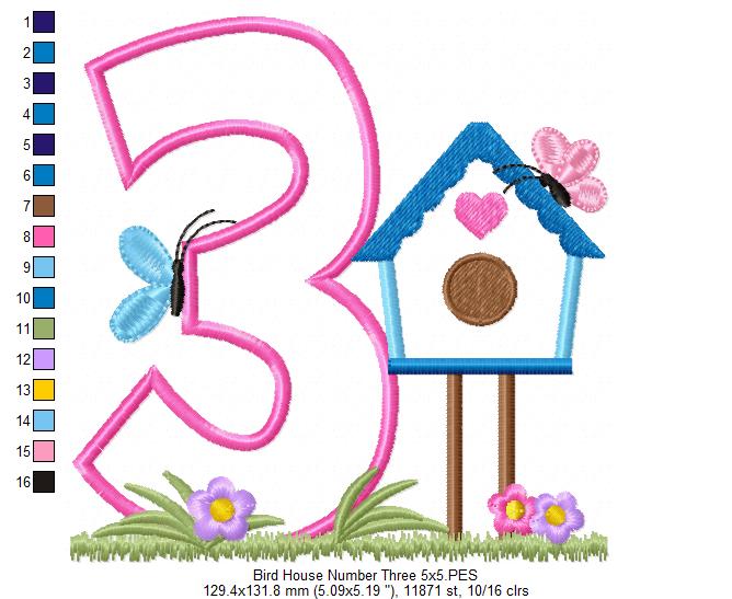 Bird House Number 3 Three 3rd Birthday - Applique