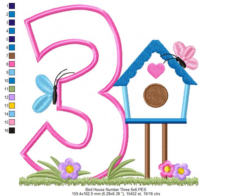 Bird House Number 3 Three 3rd Birthday - Applique