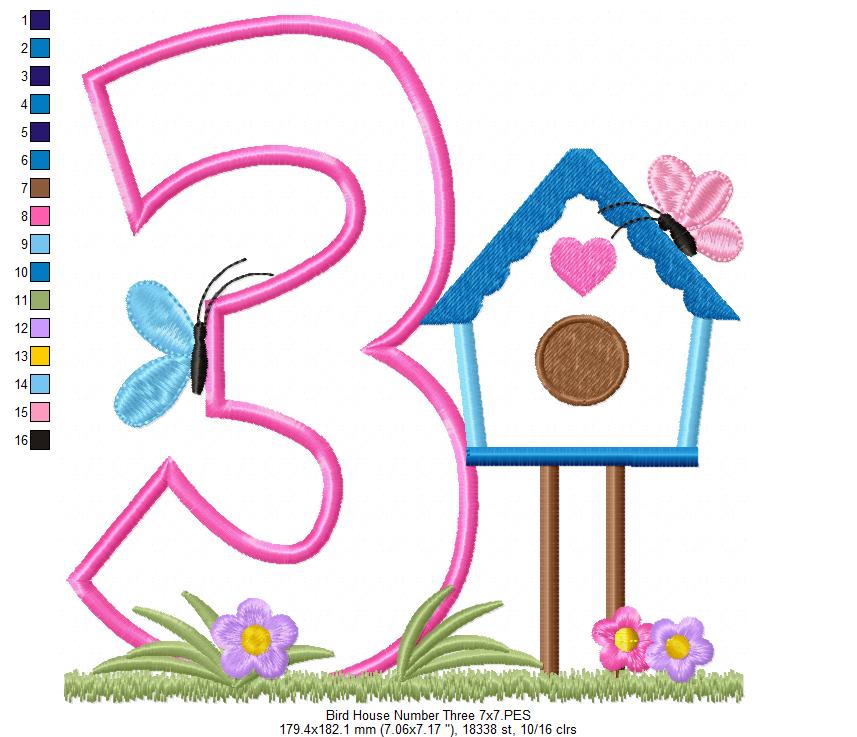 Bird House Number 3 Three 3rd Birthday - Applique