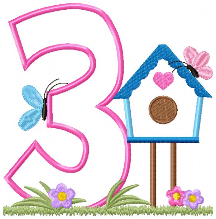 Bird House Number 3 Three 3rd Birthday - Applique