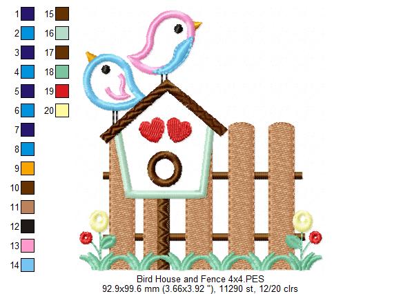 Birds, Bird House and Fence - Applique