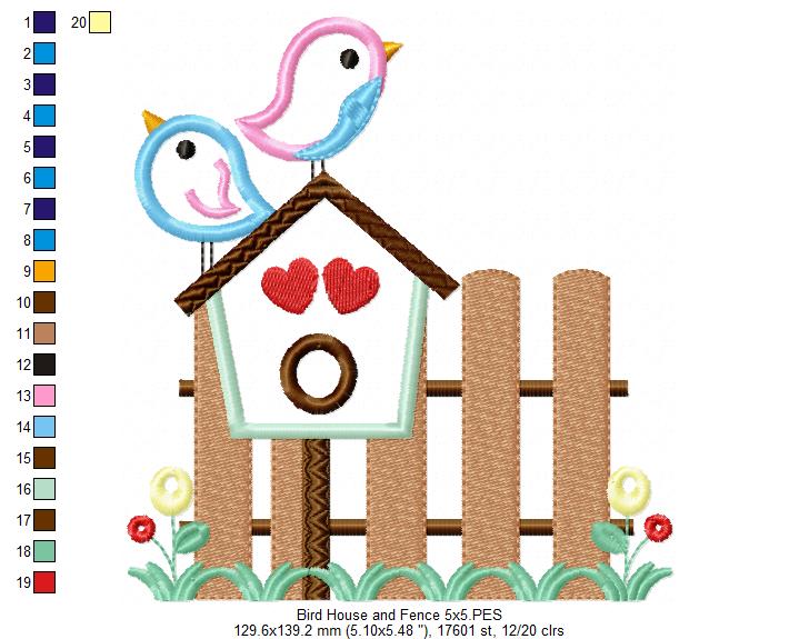 Birds, Bird House and Fence - Applique