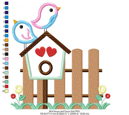 Birds, Bird House and Fence - Applique