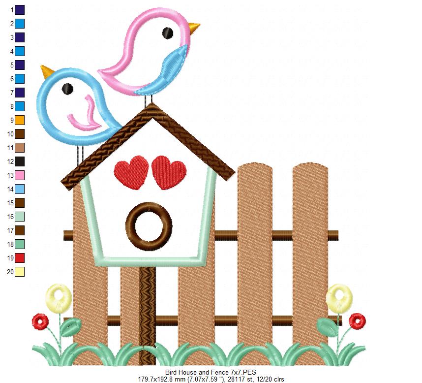Birds, Bird House and Fence - Applique