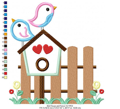 Birds, Bird House and Fence - Applique