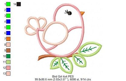 Bird Girl - Applique - Machine Embroidery Design