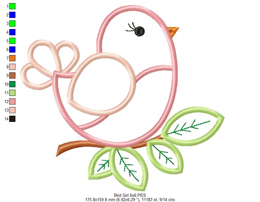 Bird Girl - Applique - Machine Embroidery Design