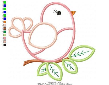 Bird Girl - Applique - Machine Embroidery Design