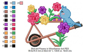 Bird and Flowers in Wheelbarrow - Applique - Machine Embroidery Design