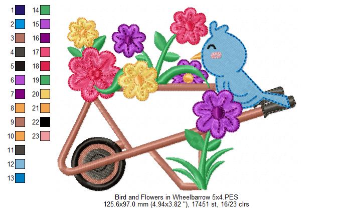 Bird and Flowers in Wheelbarrow - Applique - Machine Embroidery Design