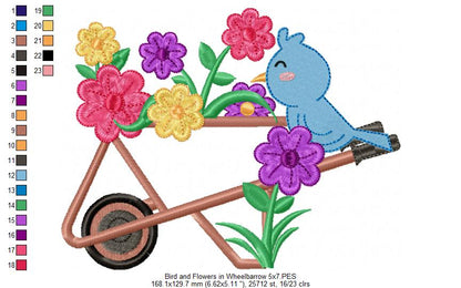 Bird and Flowers in Wheelbarrow - Applique - Machine Embroidery Design