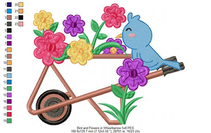 Bird and Flowers in Wheelbarrow - Applique - Machine Embroidery Design
