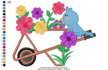 Bird and Flowers in Wheelbarrow - Applique - Machine Embroidery Design