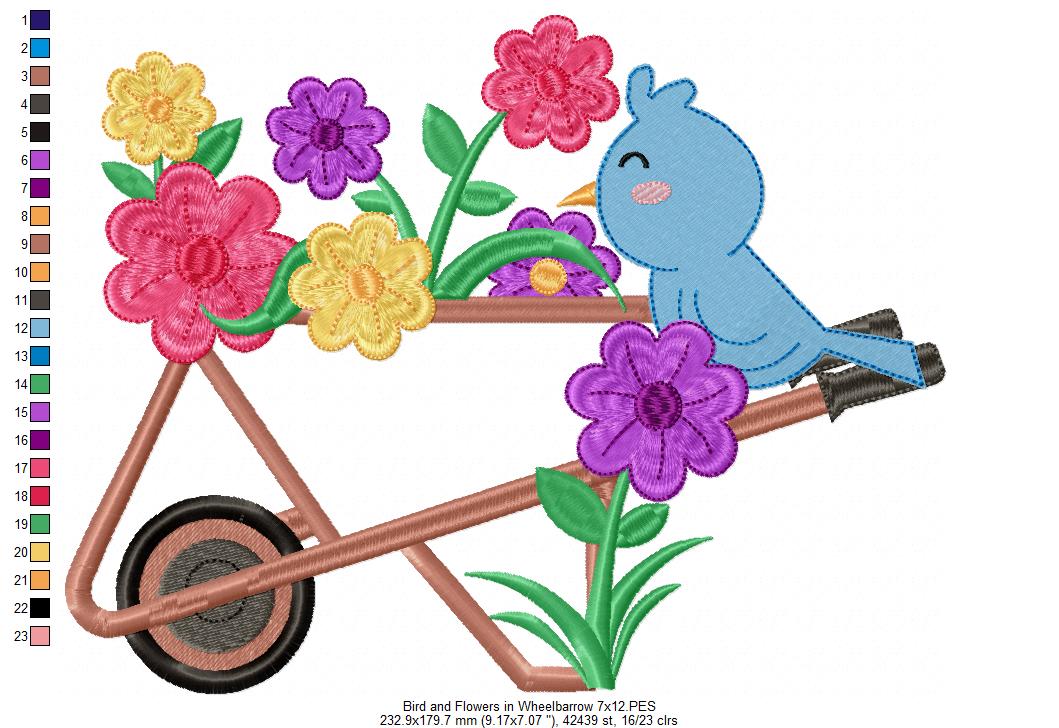 Bird and Flowers in Wheelbarrow - Applique - Machine Embroidery Design