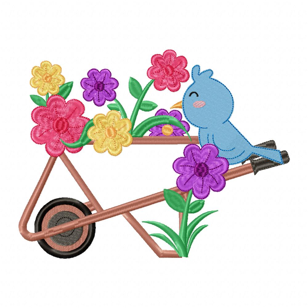 Bird and Flowers in Wheelbarrow - Applique - Machine Embroidery Design
