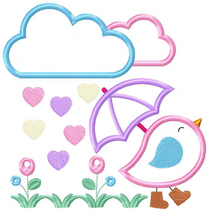 Bird, Umbrella and Raining Hearts - Applique - Machine Embroidery Design