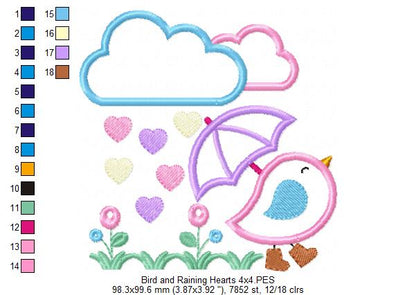 Bird, Umbrella and Raining Hearts - Applique - Machine Embroidery Design
