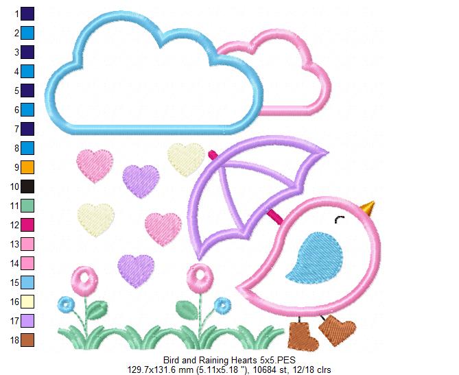 Bird, Umbrella and Raining Hearts - Applique - Machine Embroidery Design