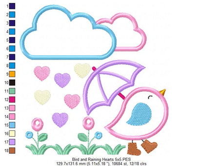 Bird, Umbrella and Raining Hearts - Applique - Machine Embroidery Design