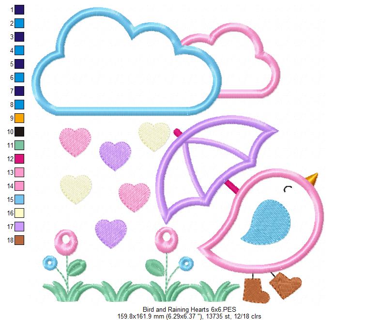 Bird, Umbrella and Raining Hearts - Applique - Machine Embroidery Design