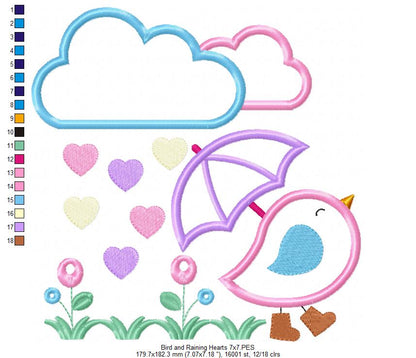 Bird, Umbrella and Raining Hearts - Applique - Machine Embroidery Design