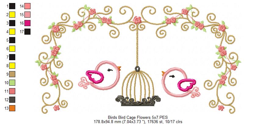 Birds, Bird Cage and Flowers - Applique