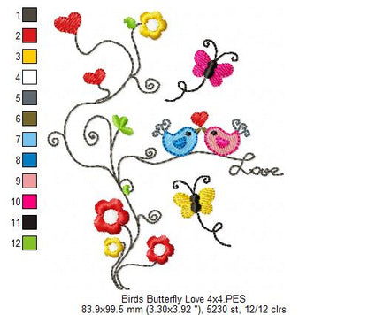 Birds, Butterfly Love - Fill Stitch - Machine Embroidery Design